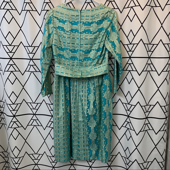 Vintage handmade 60s gold metallic peacock blue shift dress - Picture 10 of 12